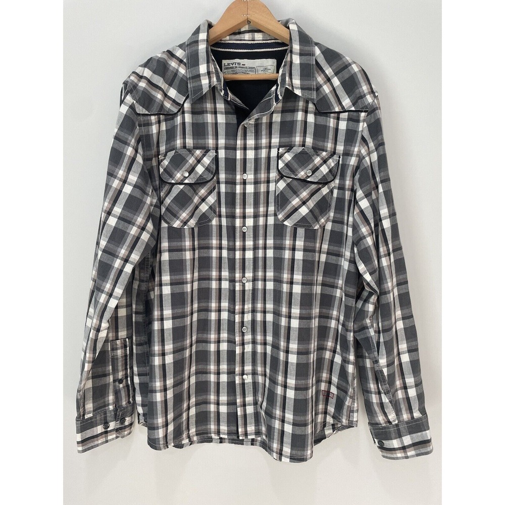 Levis Men L Western Pearl Snap Button up  Shirt Plaid Cotton Piping CowBoy‎ Gray
